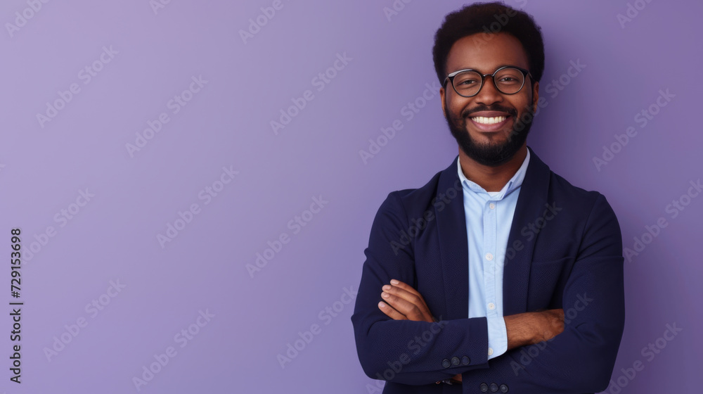 a smiling person wearing glasses and a suit, standing with arms crossed in front of a purple background, exuding confidence and professionalism a smiling person wearing glasses and a suit, standing with arms crossed in front of a purple background, exuding confidence and professionalism