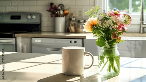 a sunlit kitchen counter, a white mug is placed beside a vase of fresh flowers, creating a simple yet charming morning scene,  Mug mock-up 