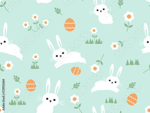 Easter seamless pattern with bunny rabbit cartoons, green grass, daisy flower and orange eggs on green background vector illustration.