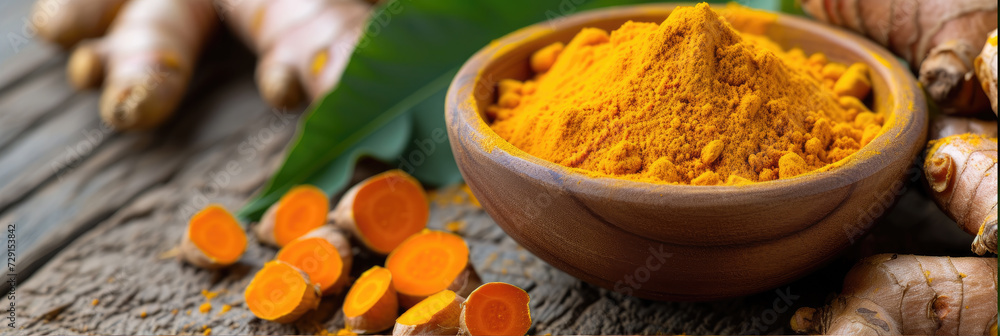 tumeric powder in a bowl and some tumeric stem on the table 