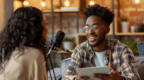 young person with glasses is smiling at a person holding a tablet, with a microphone in the foreground, suggesting an interview or podcast setting.