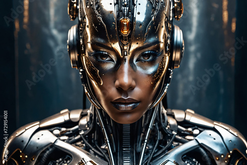 Cyborg, front view, metallic skin, melting into the patinated background, brilliant modern abstract metallic make-up - Artificial intelligence concept