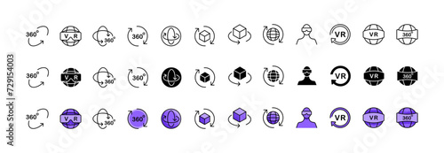 Virtual Reality icon collection. Linear, silhouette and flat style. Vector icons