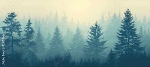 Pine forest. Silhouette wood tree background  wild nature woodland landscape. Vector image foggy tall trees misty engraved scene