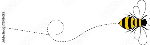 Flying bee route. Cartoon bee icon. Bee flying on a dotted route isolated on the white background. Vector illustration