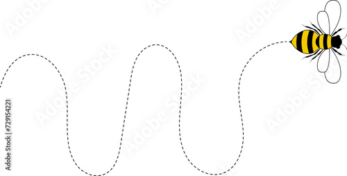 Flying bee route. Cartoon bee icon. Bee flying on a dotted route isolated on the white background. Vector illustration