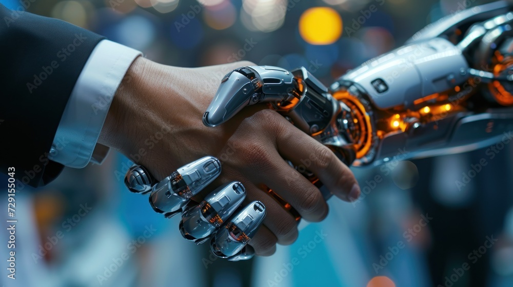 Close up of AI robot handshake businessman. Artificial intelligence concept. Human robot relationships. Innovation and futuristic. Generative AI Close up of AI robot handshake businessman. Artificial intelligence concept. Human robot relationships. Innovation and futuristic. Generative AI