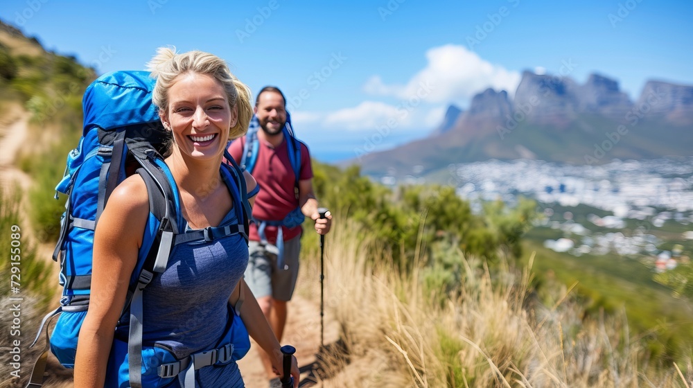 Joyful couple on a mountain hike, with a stunning city and mountain vista, smiling at the camera