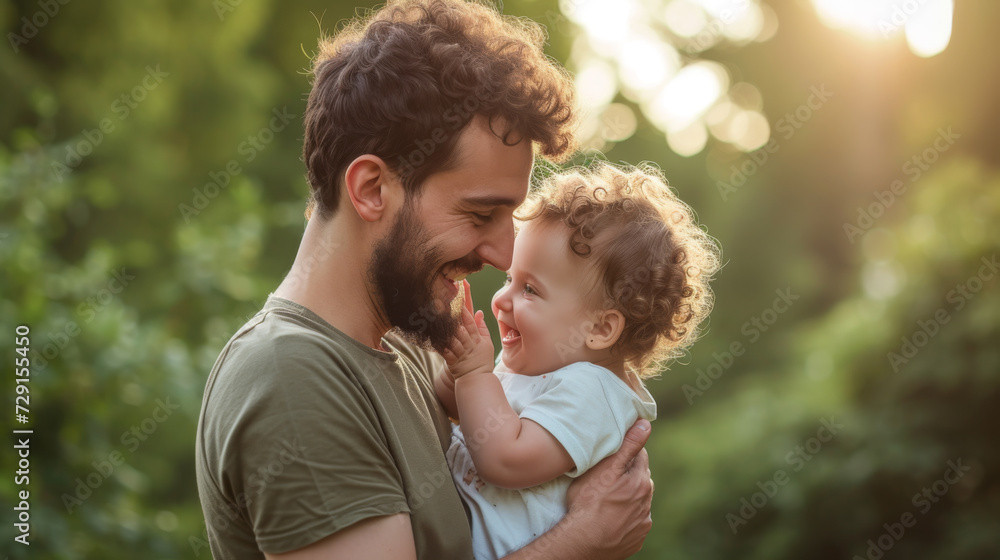 joyous moment between a father and his young child, both with curly hair, smiling and laughing together in a close, loving embrace joyous moment between a father and his young child, both with curly hair, smiling and laughing together in a close, loving embrace