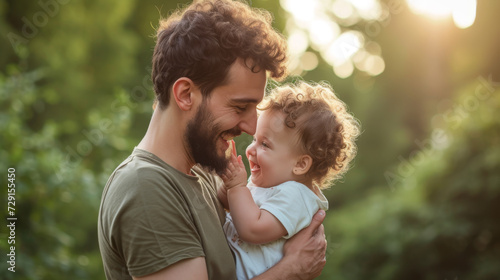 joyous moment between a father and his young child, both with curly hair, smiling and laughing together in a close, loving embrace © MP Studio