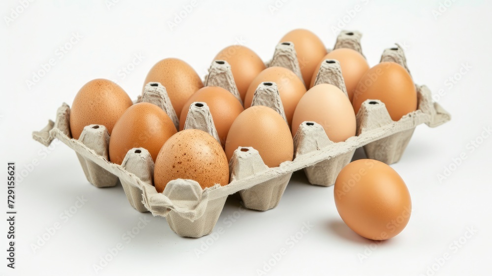 Ten eggs in a crate against white background