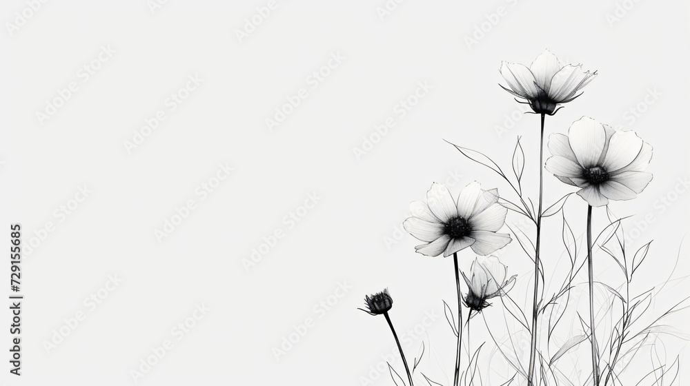 Black and white style line style asters flowers