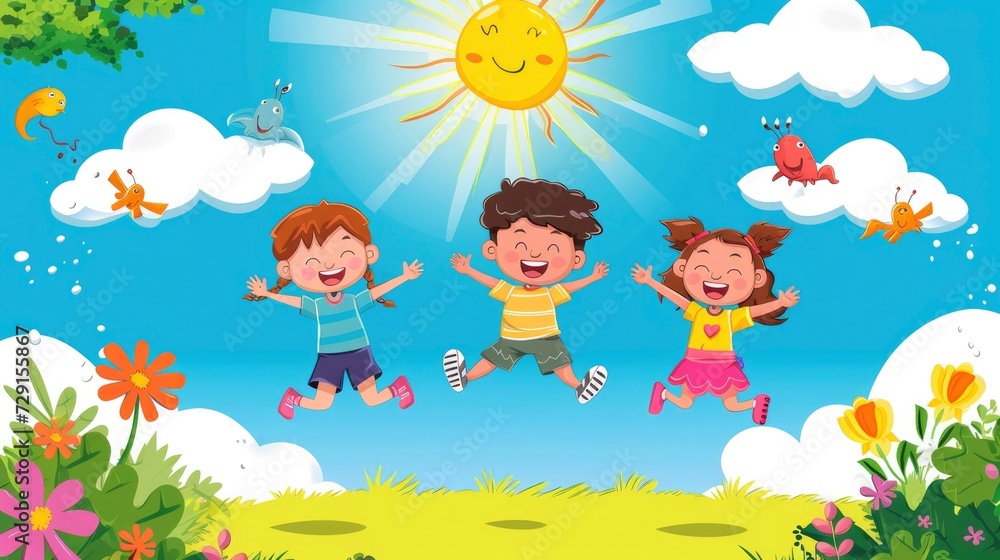 Naklejka premium Happy Children Jumping Under a Sunny Sky