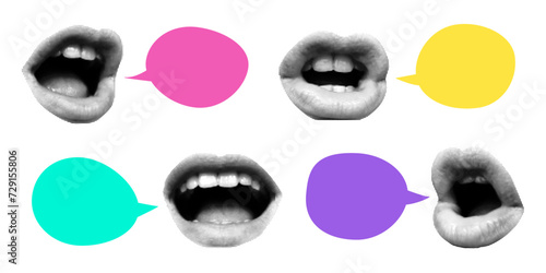 Set of speech bubbles of different bright colors, halftone collage banner with mouths and lips. Paper cut elements, retro pop art style.