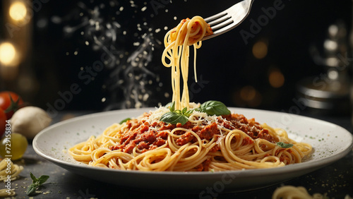 A close up shot of a fork lifting a delicious twirl of classic spaghetti from a plate and showcasing the timeless beauty of traditional Italian pasta