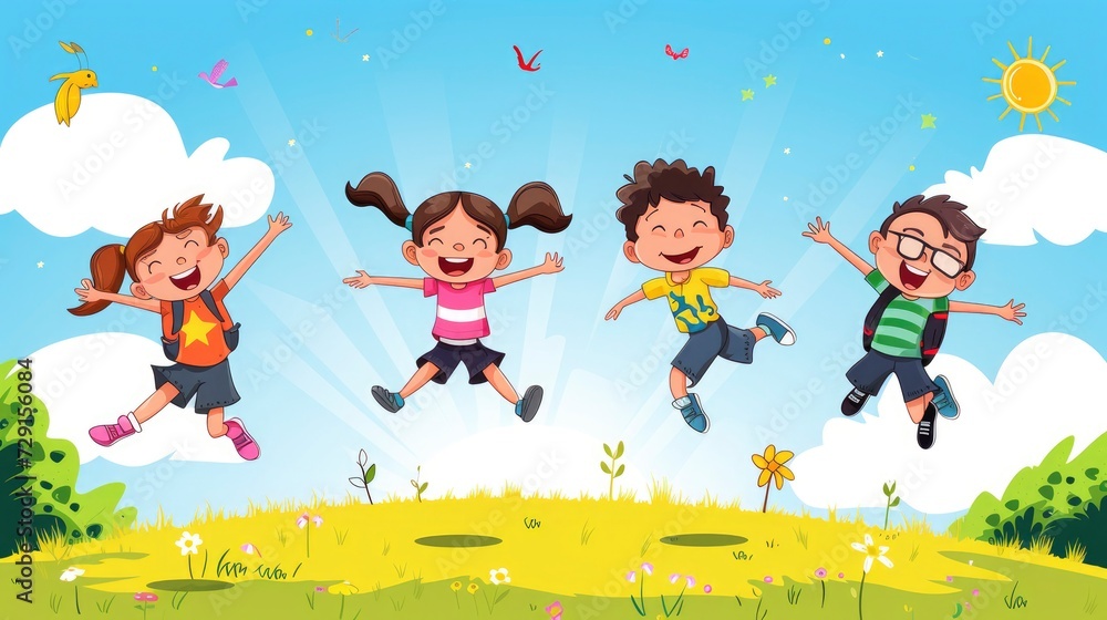 Vector illustration of happy school kids jumping together during a sunny day