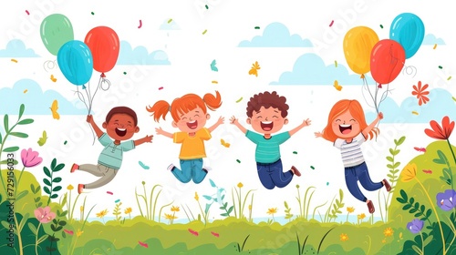 Vector illustration of happy kids jumping in the garden together and holding balloons