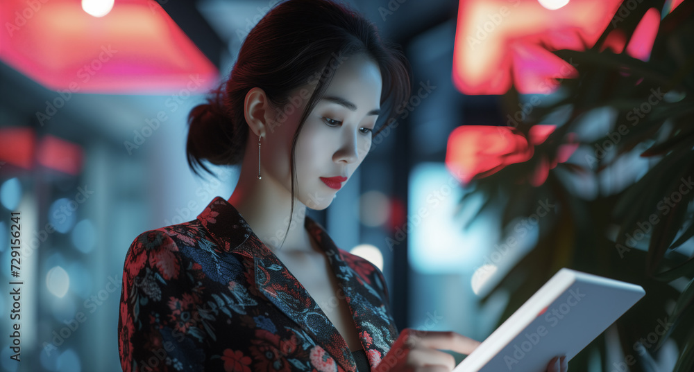 Business people holding tablets in the office at night, Asian women, business sales projects, working late, technology, overtime, night shift, cyberpunk