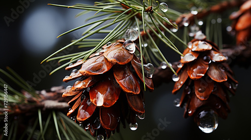 Drops of sap cling to the bark of a pine tree photo