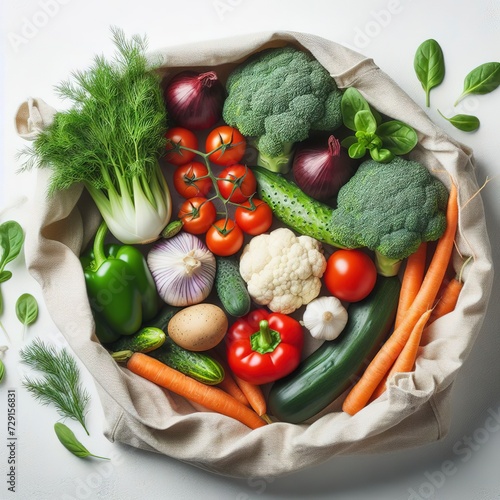 Fresh vegetables in a cloth bag on a white background