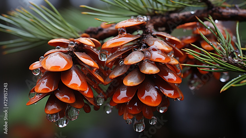 Drops of sap cling to the bark of a pine tree photo