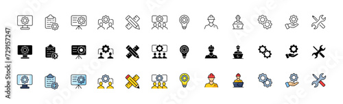 Engineering icons collection. Linear, silhouette and flat style. Vector icons