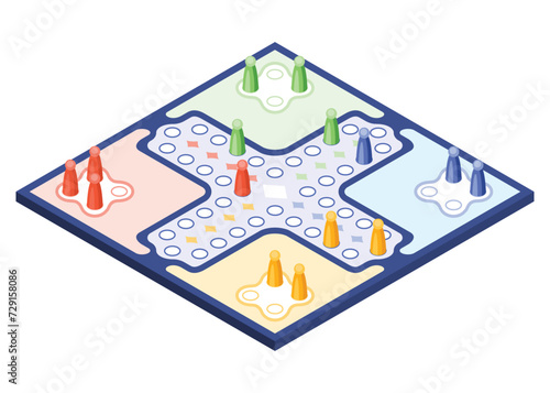 Board game, flat isometric view. Isolated colored icon. Playing cards and dice table gaming. Cartoon family table game for adults and kids for leisure and recreation. Vector illustration