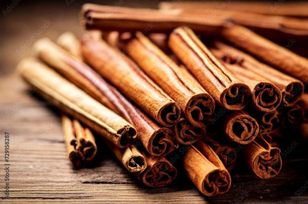 Closeup of Sri lankan cinnamon sticks on wooden table, top view. Rustic style natural spices of ceylon cinnamon sticks for advertising banner or poster. Delicious healthy concept. Copy ad text space - obrazy, fototapety, plakaty 