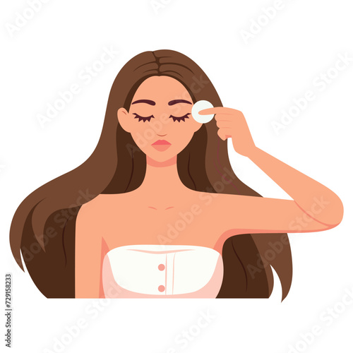 Girl clean face with toner and cotton pad. Morning beauty care routine