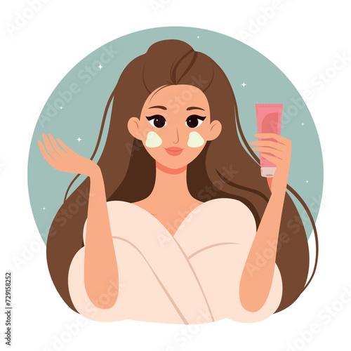 Woman skincare beauty daily routine. Young girl with moisturise face skin. Flat vector
