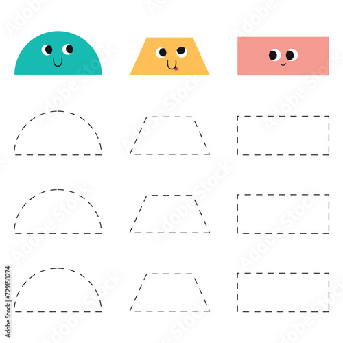 Handwriting practice for kids.  Trace worksheet with shapes. Semicircle, trapeze and rectangle photo