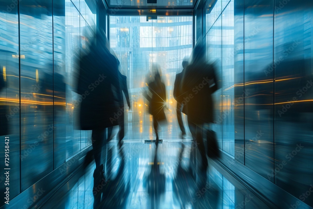Blurred motion of business people in a modern elevator corridor creates a dynamic scene Blurred motion of business people in a modern elevator corridor creates a dynamic scene
