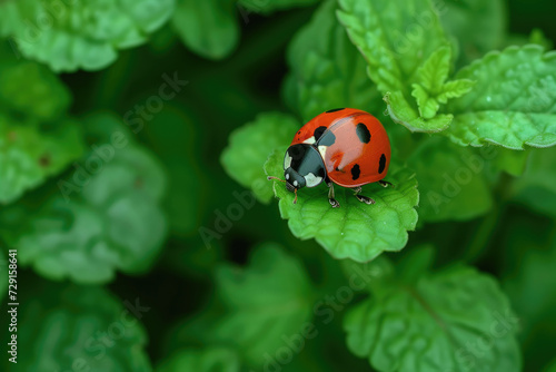 A ladybug captured amidst lush greenery, showcasing its role as a beneficial garden insect © Veniamin Kraskov