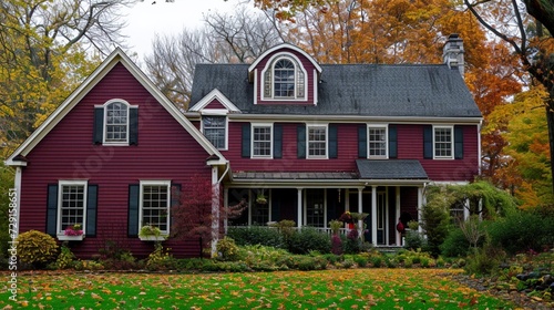 A burgundy house with siding, in a suburban territory. This residence has traditional windows and shutters, on a sizeable tract, during a rainy afternoon