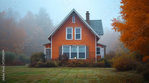 A burnt orange house with siding, in a suburban landscape. It boasts classic windows and shutters, on a spacious plot, during a misty autumn morning