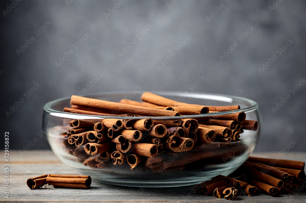 Cinnamon sticks in glass plate on wood board at grey textured wall, rustic style. Still life natural food of ceylon cinnamon sticks on wooden table. Delicious tasty healthy concept. Copy ad text space - obrazy, fototapety, plakaty 