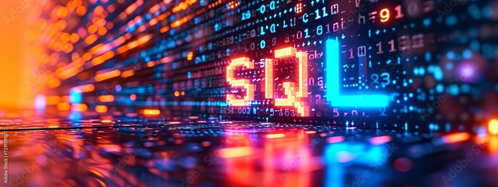The abbreviation 'SQL' shines in neon on a cybernetic data stream background - obrazy, fototapety, plakaty 