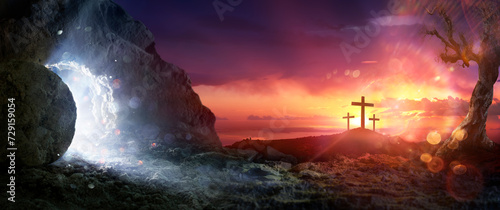 Resurrection - Crosses On Hill And Empty Tomb With Bright Light At Morning - Abstract Glittering In The Cave And Abstract Flare Effects In The Sky