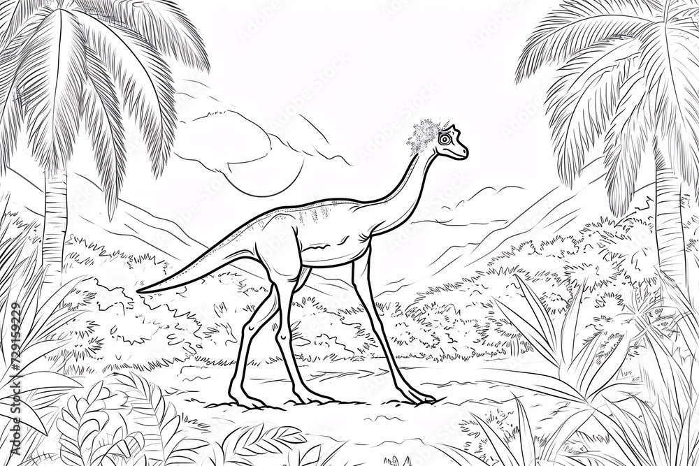 Gallimimus Dinosaur Black White Linear Doodles Line Art Coloring Page