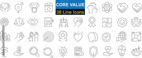 Core Value 38 Line Icons, business ethics principles set. Ideal for web, branding, infographics. Showcasing teamwork, innovation, quality. Clean, minimal design