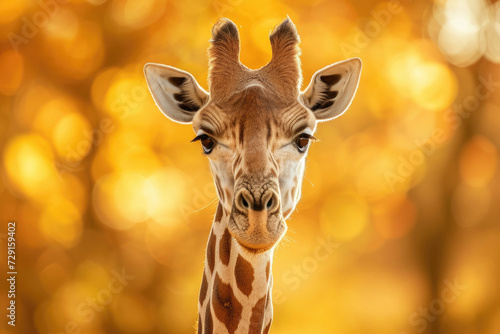 A mighty giraffe standing alone against a vibrant golden background