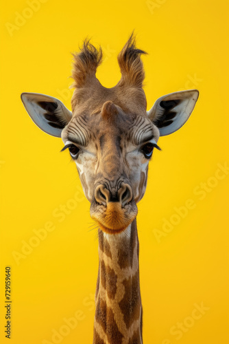 A mighty giraffe standing alone against a vibrant golden background