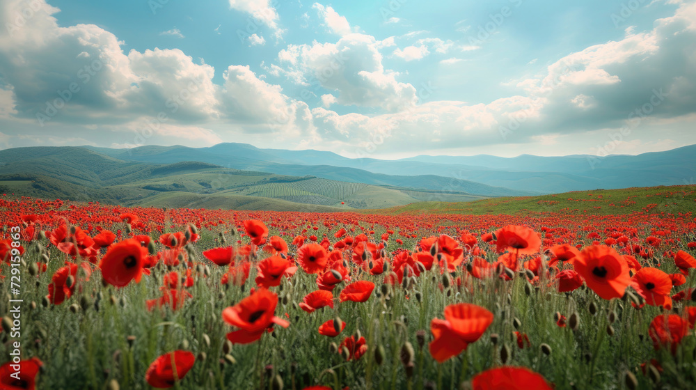 A breathtaking panorama of endless red poppy fields under the open sky