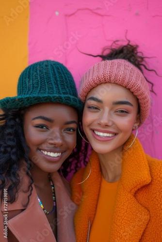 Two young women in bright beanies share a joyful moment