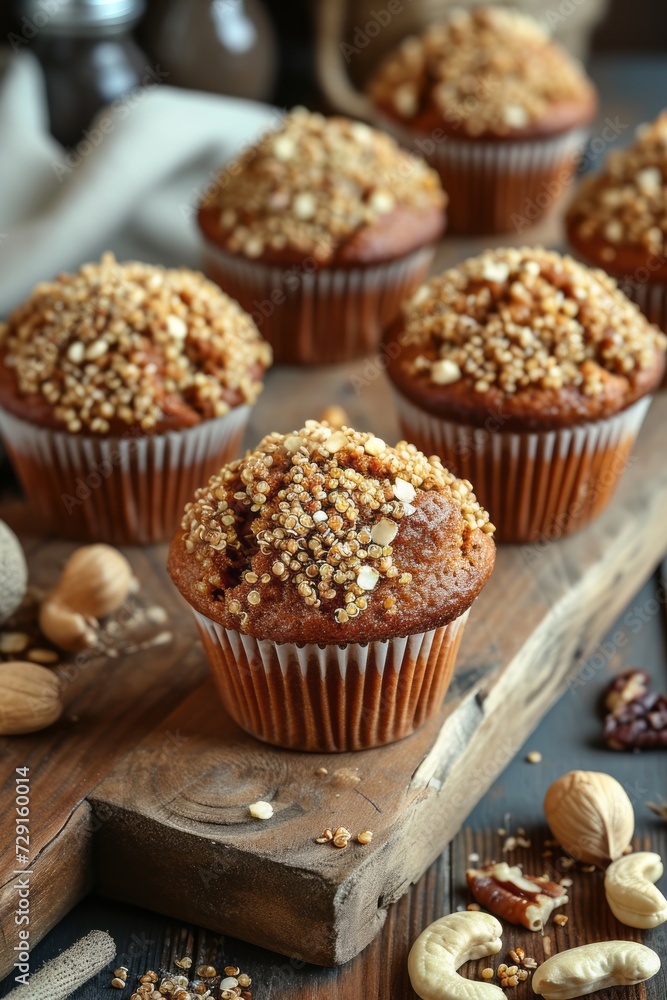 Golden quinoa muffins topped with nuts, displayed on a vintage wooden board