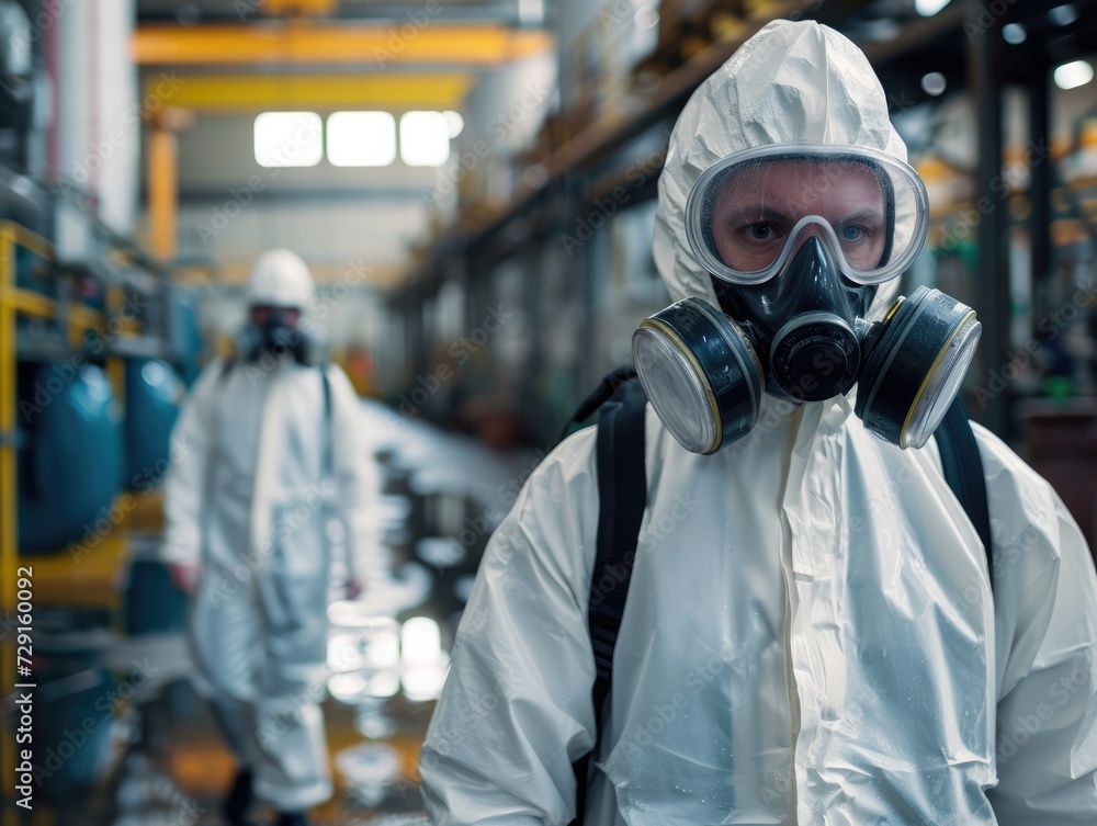 Technicians in gas masks assess toxic spills Technicians in gas masks assess toxic spills