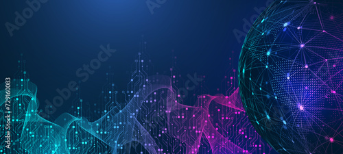 Quantum computer technologies concept. Futuristic blue circuit board background vector. Modern technology circuit board texture background design. Waves flow. Quantum explosion technology.