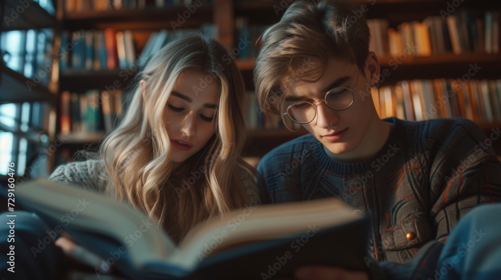 A young man and woman closely read a book together in a cozy library
