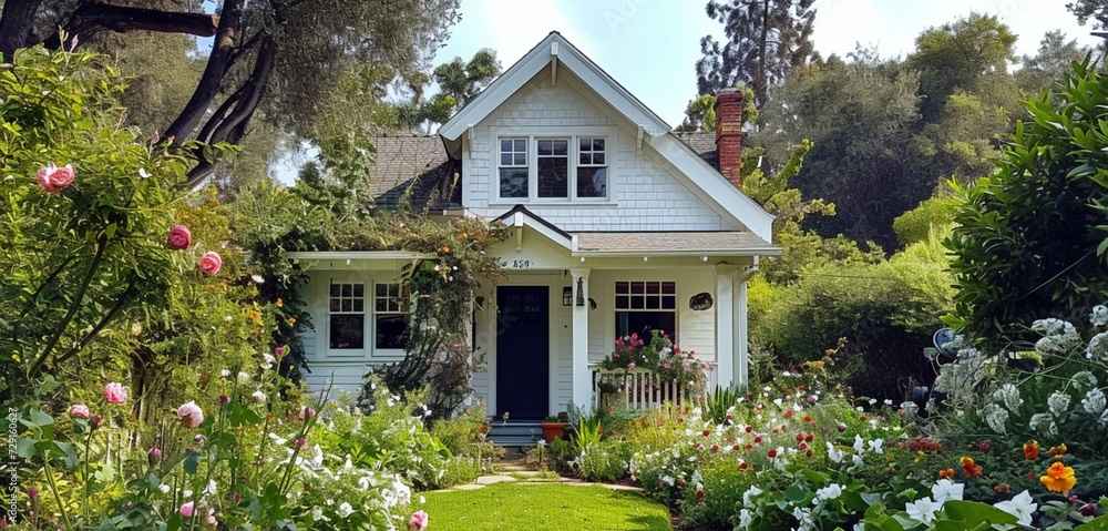 A jasmine-white craftsman cottage with a backyard butterfly sanctuary, wildflowers abloom