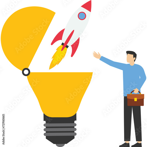 Entrepreneurship, motivation to create a new business idea and make it successful, setting up a new business, businesswoman starting an idea with an innovative rocket inside the light bulb idea.
